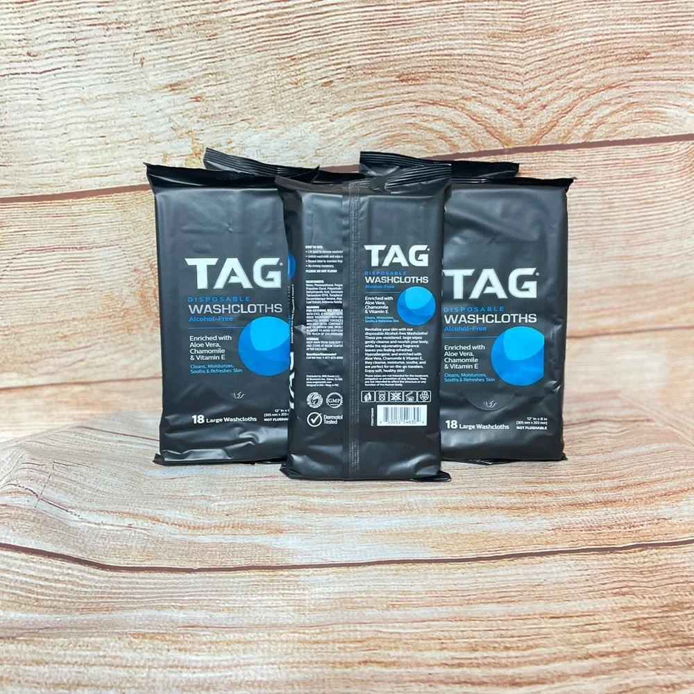 90 TAG Disposable Washcloths Alcohol-Free w/Aloe Vera, Vitamin E,‎ Chamomile (5)